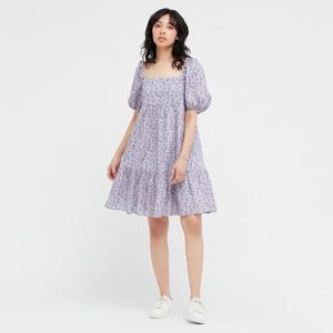 Uniqlo Women Mini Dress XS Ditsy Floral Cottage Tiered Babydoll Purple Wedding